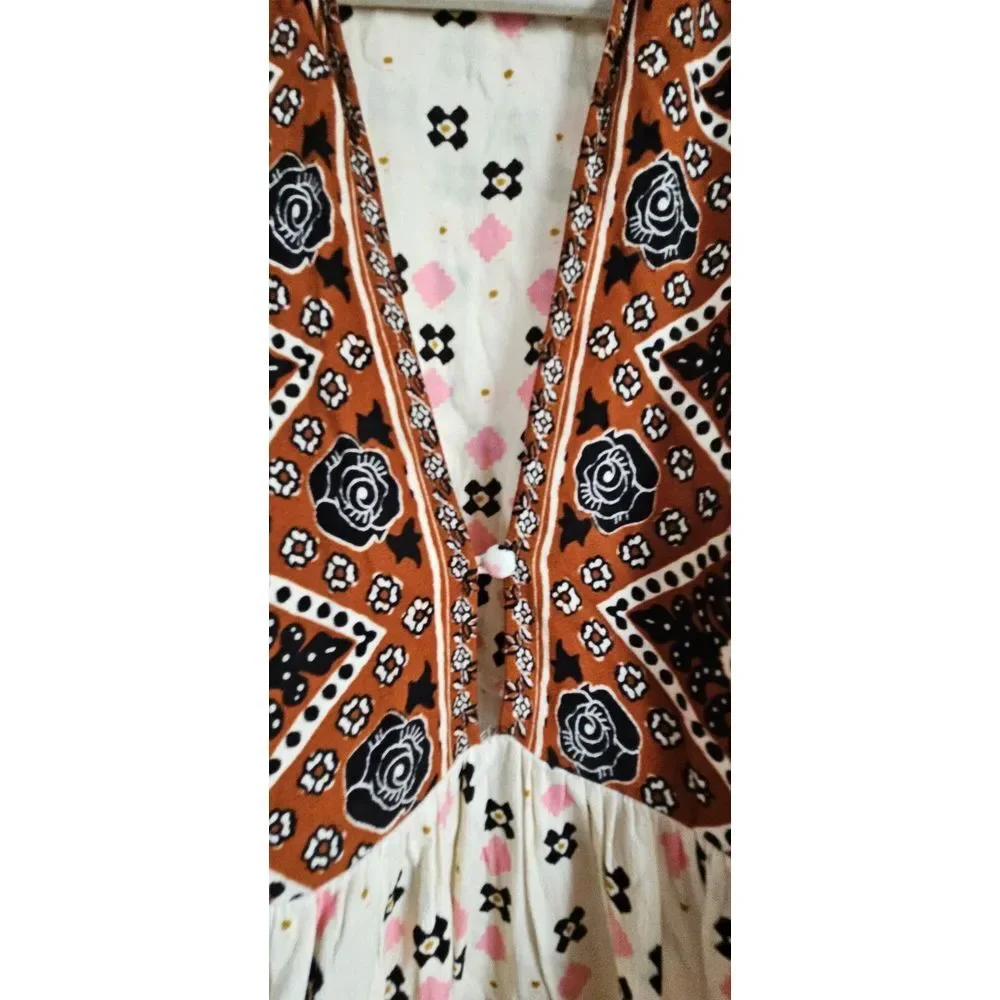 FREE PEOPLE women Rust print deep V neck‎ charlotte sleeveless tunic top Sz S